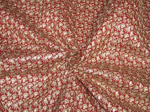 Brocart brodé rouge et or BRO651, tissu jacquard de luxe en 111 cm de large