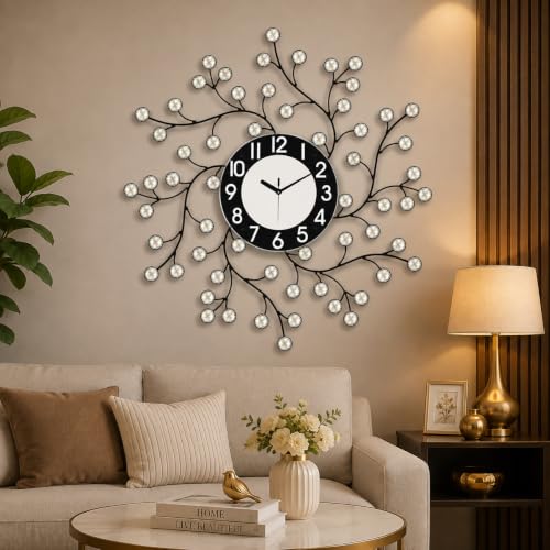 Image of CHRONIKLE Beautiful Round Diamond Studded Analog Floral Design Home /Office Decor Metal Crystal Wall Clock with Sweep Movement (Size: 60 x 5 x 60CM | Color: Black & Silver | Weight: 1030grm)