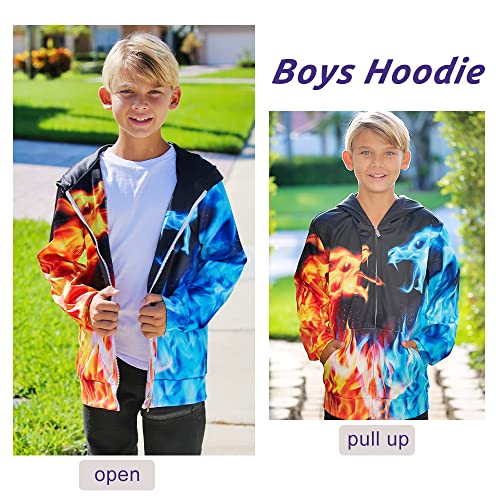 Uideazone Little Boys Sweatshirts Hoodies Size 7 Fashion Long Sleeve Zipper Hooded Hoodie 3D Print Blue Fire Dragon Pullover Jacket With Pockets Autumn Tops Coat For School 6-8 Years #TOP1