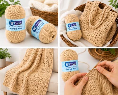 Image of ProKart Premium Woolen 4 ply Hand Knitting Wool Yarn | Fine Weight Knitted and Crocheted Soft Yarn for Sweater, Scarf, Hat, Baby Clothes,(1 Ball /100 Gram Each) (Scotch Mist /Beige, 100gms x 2 Pack)