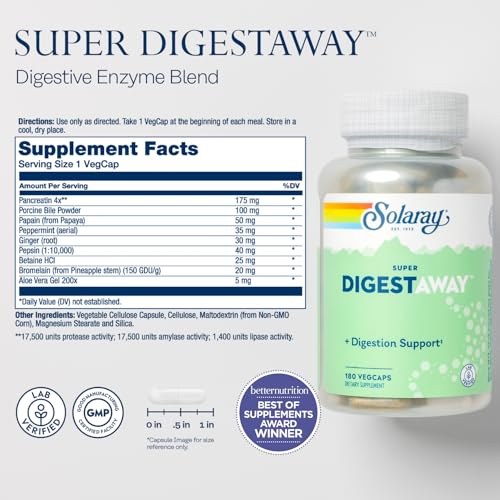 Image of SOLARAY Super Digestaway Digestive Enzymes - Pancreatin, Papain, Ginger, Pepsin, Betaine HCl, Aloe Vera, and More - Digestion & Nutrient Absorption Support - Lab Verified - 180 VegCaps