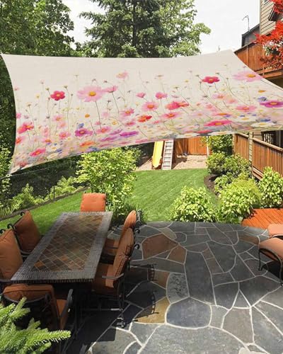 Waterproof Sun Shade Sail Watercolor Red Pink Floral Linen Texture Outdoor Patio Sun Shades Canopy UV Block Water Resistant Sunshade for Garden Backyard Deck Pergola 12x16 Ft