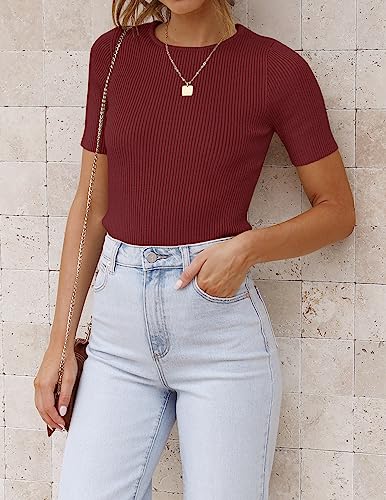 Image of ZESICA Women's Short Sleeve Sweater Tops 2026 Summer Crewneck Basic T Shirt | Business Casual Outfits, Solid Color Ribbed Knit Tee, Slim Fitted, Soft Skin Friendly, Going Out Top, Cute Dressy Blouse