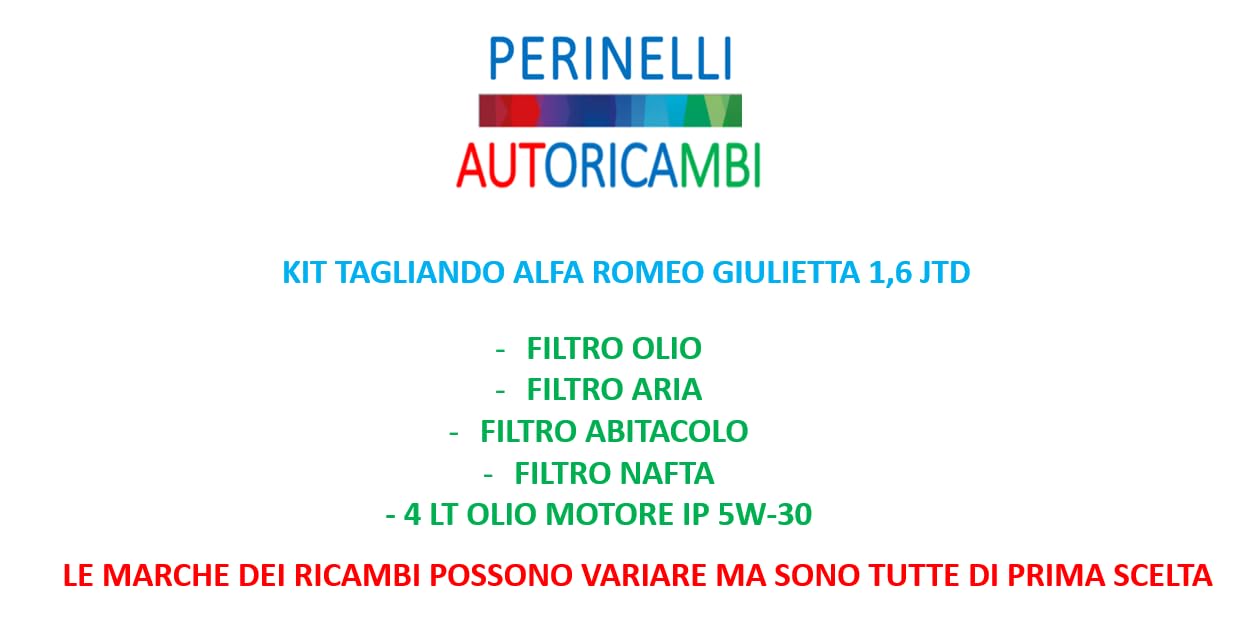 Kit Tagliando per Alfa Romeo Giulietta 1.6 JTD, Filtro Olio, Aria, Abitacolo, Nafta, Olio Motore 5W-30 IP