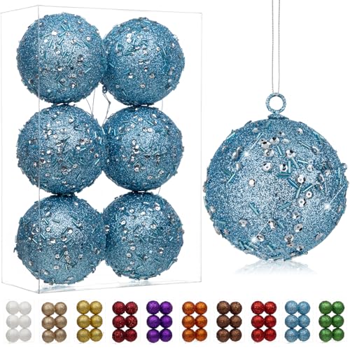 Oairse 8cm Large Christmas Bauble Ornaments 6 Pcs Shatterproof Big Blue Bauble for Xmas Tree Glitter Christmas Tree Ornaments for Halloween Holiday Wedding Party Decoration