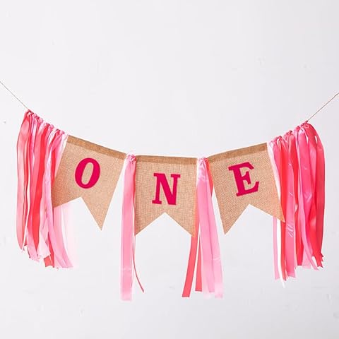 SS Cohen 1st Birthday Girl Decorations with Burlap Highchair pink Banner for Happy First Birthday Party Decoration Supplies Cover