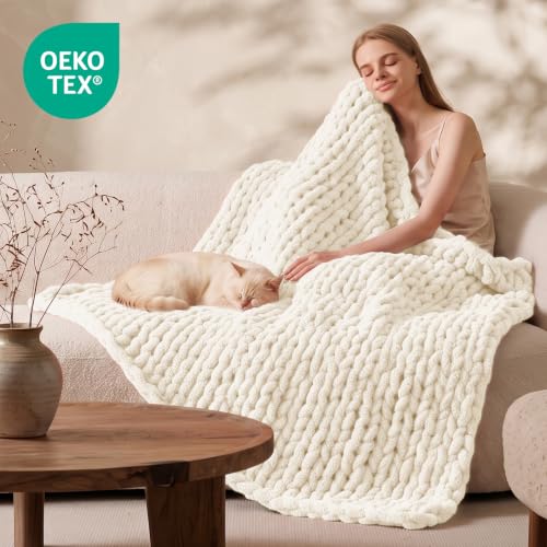 Image of L'AGRATY Chunky Knit Throw Blanket for Couch, 50'' x 70'' Knit Throw, Ivory