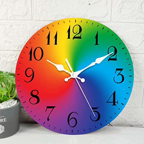 ArtSocket Horloge murale en bois silencieuse sans tic-tac, horloge murale ronde décorative pour la maison, la cuisine, le salon, le bureau, fonctionne avec piles, motif arc-en-ciel, 30,5 cm