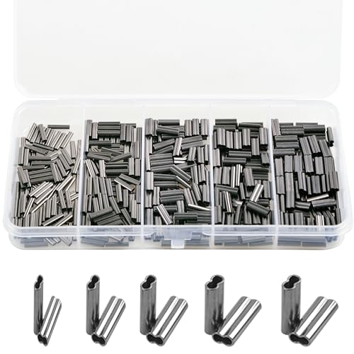 Wire Rope Fishing Crimp Sleeves Kit,Single and Double Barrel Brass Copper Crimping Sleeves Tubes Fishing Line Tube Connector Assortment Kit Box for Leader Rigging (Double Crimp Sleeves - 400pcs)
