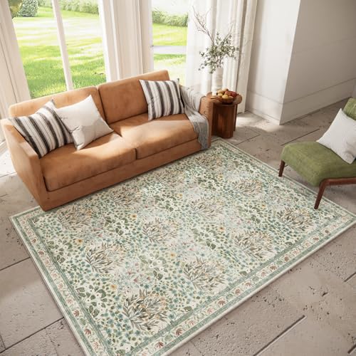 Image of Washable Area Rug 6x9 - Oriental Vintage Dining Room Rug for Living Room, Bedroom, Kids Playroom & Baby Nursery - Low Pile, Non-Slip, Lightweight & Stain Resistant