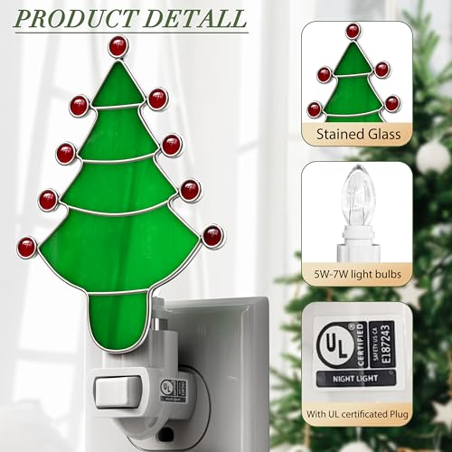 Image of Stained Glass Christmas Tree Night Light Plug into Wall for Home | Stained Glass Chrome Pretty Night Lights Plug in,7W Warm Light Decorative Accent Nightlight Gift for Grandkids Christmas