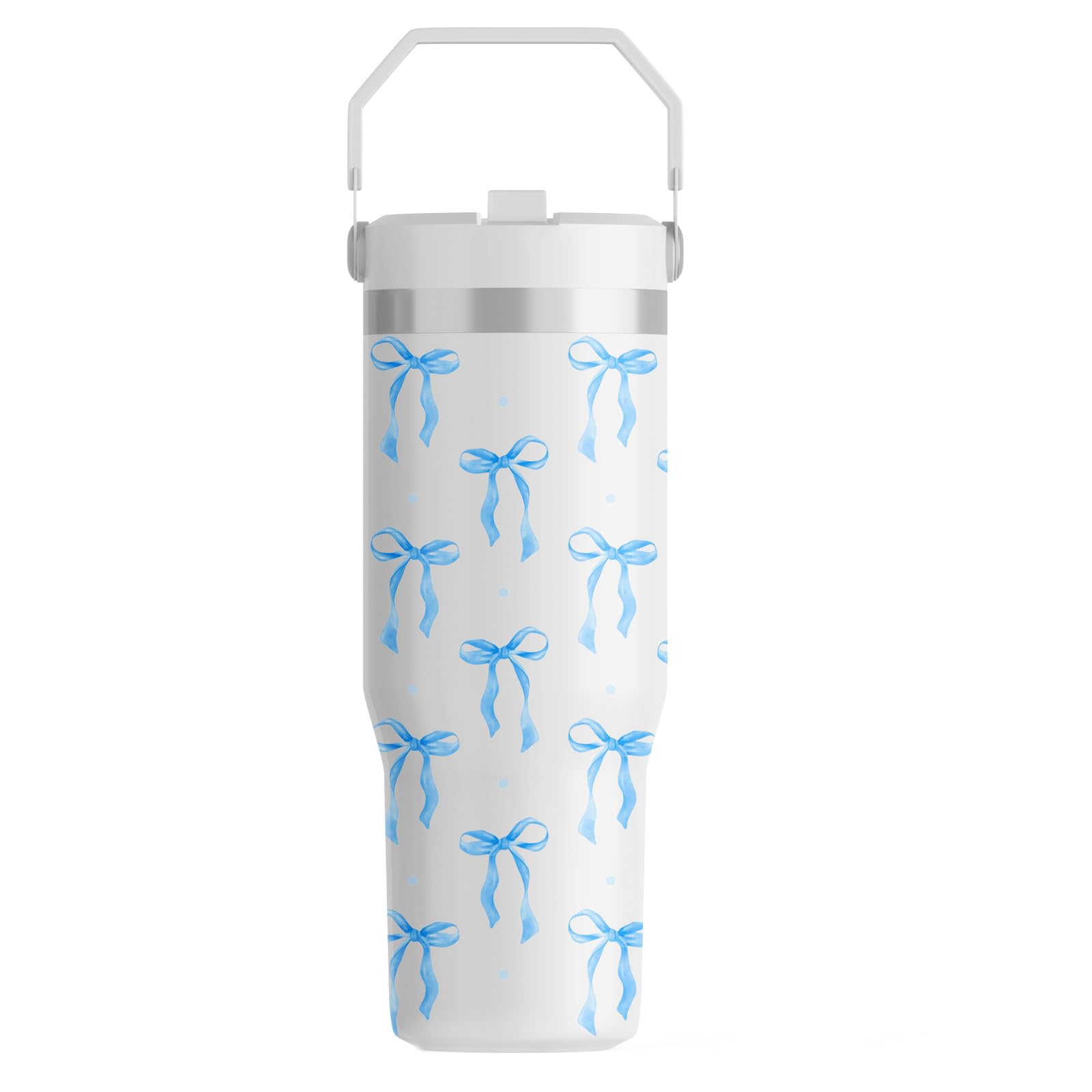 FOLAI Leakproof Flip Water Tumbler,30oz Stainless Steel Hot and Cold Water Bottle with Ergonomic Handle and Straw Keeps Cold For 12+ Hours,Ideal for Gym,Car,Beach-Easy to Carry Travel Mug(Blue bow)
