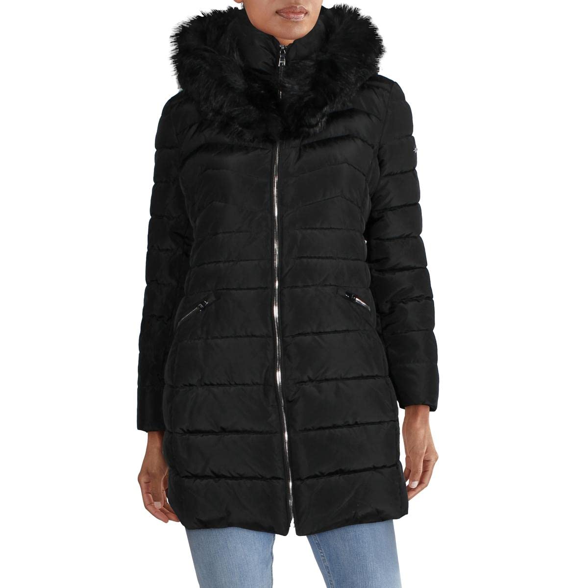 Laundry by Shelli Segal Women's Puffer Jacket with Detachable Faux Fur Hood  and Large Collar