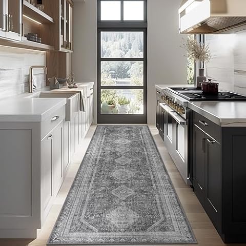 GENIMO Runner Rug 2x10, Non Slip Hallway Runner Rugs, Machine Washable Low Pile Retro Lightweight Carpet for Living Room, Entryway, Bedroom, Kitchen and Passage,Gray Cover