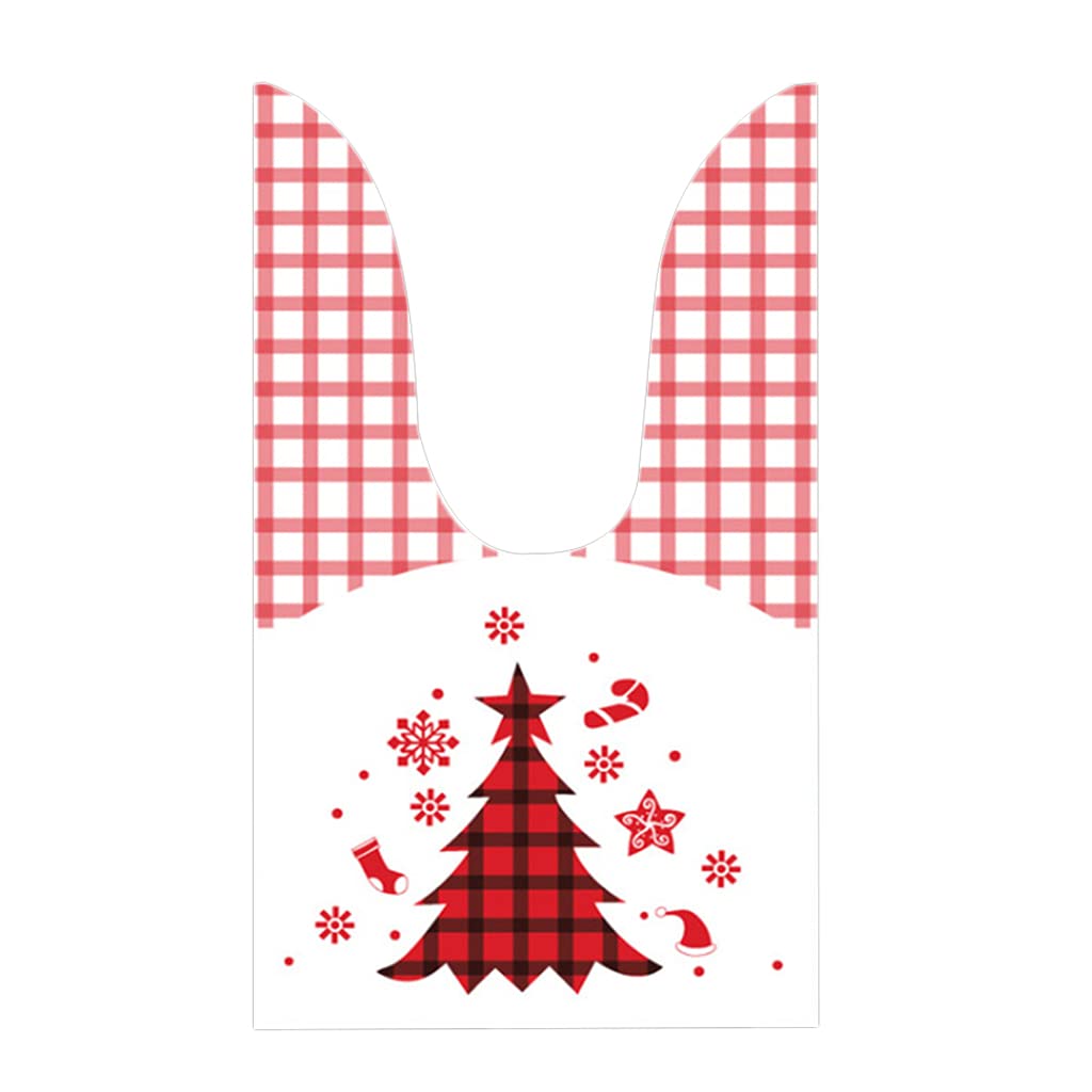 Buxuaaaa Christmas Checkered Tree 100Pack Holiday Candy Gift Bags Cute Long Ear Bags Cookie Candies Storage Pouch Bag