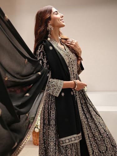 Image of Libas Art Embroidered Georgette Anarkali Kurta With Palazzos and Dupatta | ethnic wear | bridal suit | occasion wear