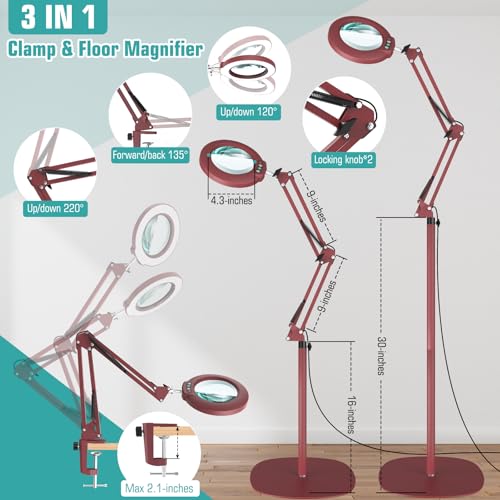 Image of 12X Magnifying Glass with Light and Stand, Real Glass Lens (Not Acrylic), 5 Color Modes, Stepless Dimmable, LED 3-in-1 Floor Lamp, Swing Arm with Clamp, Lighted Magnifier Hands Free for Crafts - Red
