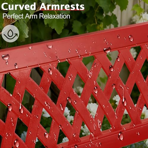 Image of VINGLI 47'' Outdoor Bench, Weather Resistant Garden Patio Bench Powder Coated Iron Frame w /PVC Mesh Backrest Slatted Seat, 2-Person Outdoor Furniture for Front Porch Entryway Park (Red)