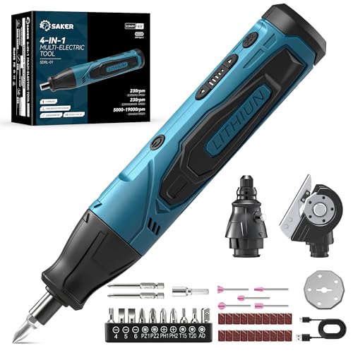 Saker Versatile 4-in-1 Electric Screwdriver Cordless, Tool Set with Detachable Tool Head for Cardboard Cutter & Rotary Tool & LED Flashlight, 2.5N.M, 230RPM, 65 Pieces for House Repair, Handyman, DIY