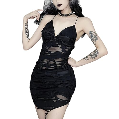 Gothic Backless Spaghetti Strap Mini Ripped Dress Emo Goth Grunge Punk Black Dresses - Small - Black Women Cute Dress