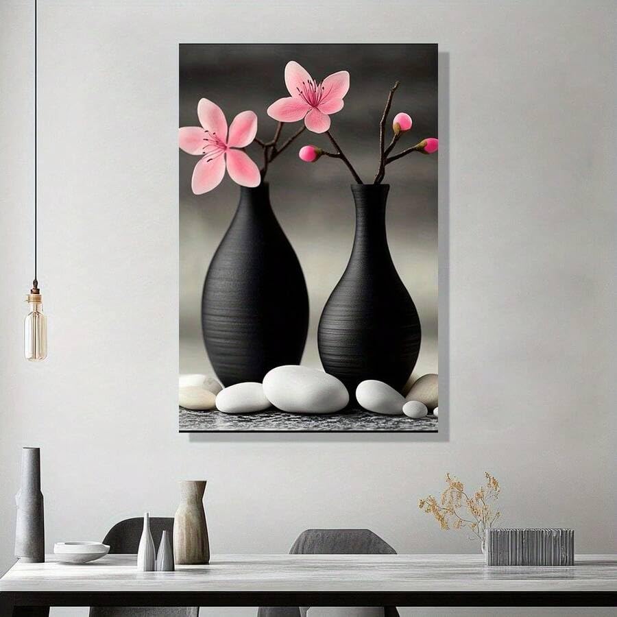 Impression sur toile haut de gamme fleurs et vases zen avec cadre intérieur