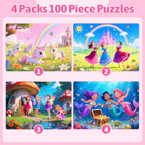 Rompecabezas de 100 piezas para niños de 4 a 6, 6 a 8 y 8 a 10 años: Temas de Unicornio, Sirena, Princesa y Hada — Juego educativo para niñas y niños, paquete de 4 unidades (15" x 10") miniatura 2