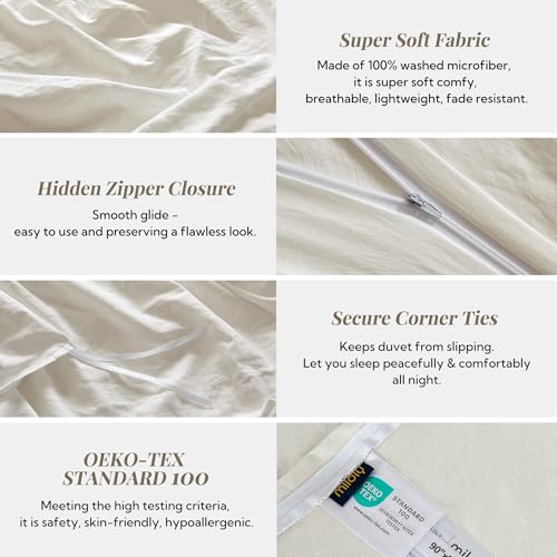 Image of MILDLY Duvet Cover Twin Ultra Soft Comforter Cover Set 2pcs, Off White | Washed Microfiber Cotton-Like, Breathable Comfort, Hidden Zipper, 8 Corner Ties, OEKO-TEX Certified, Fade Resistant