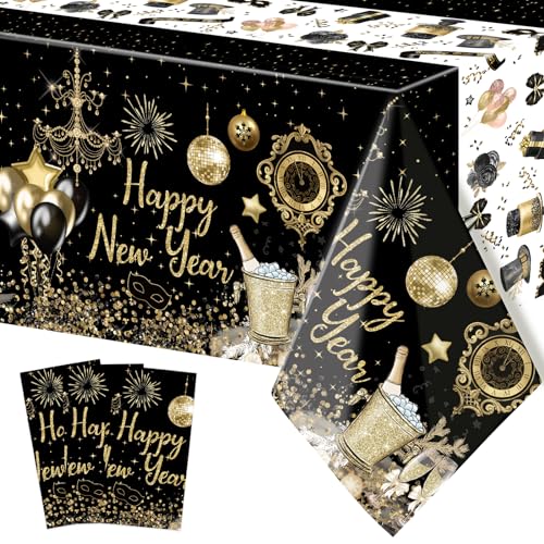 ceiba tree Happy New Year Eve Decorations 2026 Tablecloths 3 Pack New Years Eve NYE Party Supplies Disposable Plastic Tablecovers 54 x 108 Holiday Party Decor Rectangular Table Covers