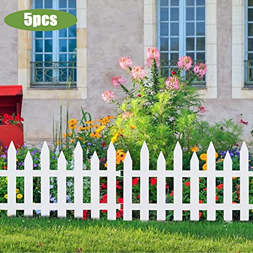 decwang Pack of 5 Picket Fence,Plastic White Edgings Garden Picket Fence with Pointed Stakes,Wedding Party Decorative Garden Fence,Splicable Detachable Plastic Garden Border Edge,White