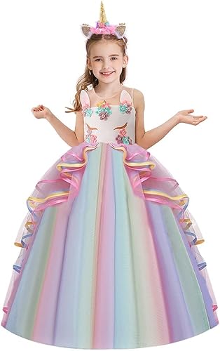 NEWEPIE Disfraz de unicornio para niñas, concurso de princesa, cumpleaños, Navidad, fiesta, largo de tul, vestido elegante de Halloween con diadema