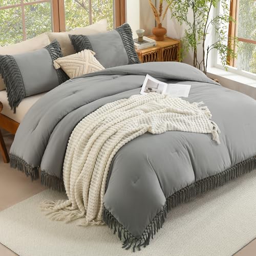 Image of Andency Comforter King Size Set Medium Grey, 3 Pieces Boho Tassel Lightweight Fluffy Bedding Comforters & Sets, Soft All Season Bed Set (104x90In Comforter & 2 Pillowcases)