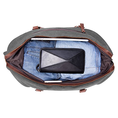 BAOSHA Oversized Canvas PU Leather Travel Tote Duffel Bag Weekender Overnight Bag (Grey)