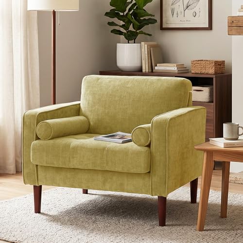 Image of Accent Chairs Stet of 2, Chenille Upholstered Armchairs for Living Room, Comfy Single Sofa Bedroom Reading Seat with 2 Bolster Pillows, Yellow