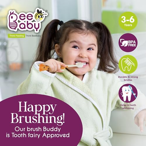 Image of BeeBaby Brush Buddy Baby Toothbrush for Kids 3-6 Years, Ultra Soft Tapered Bristles Toddler Toothbrush for Milk & Permanent Teeth, BPA Free Easy Grip Toothbrush for Sensitive Gums - Orange Giraffe