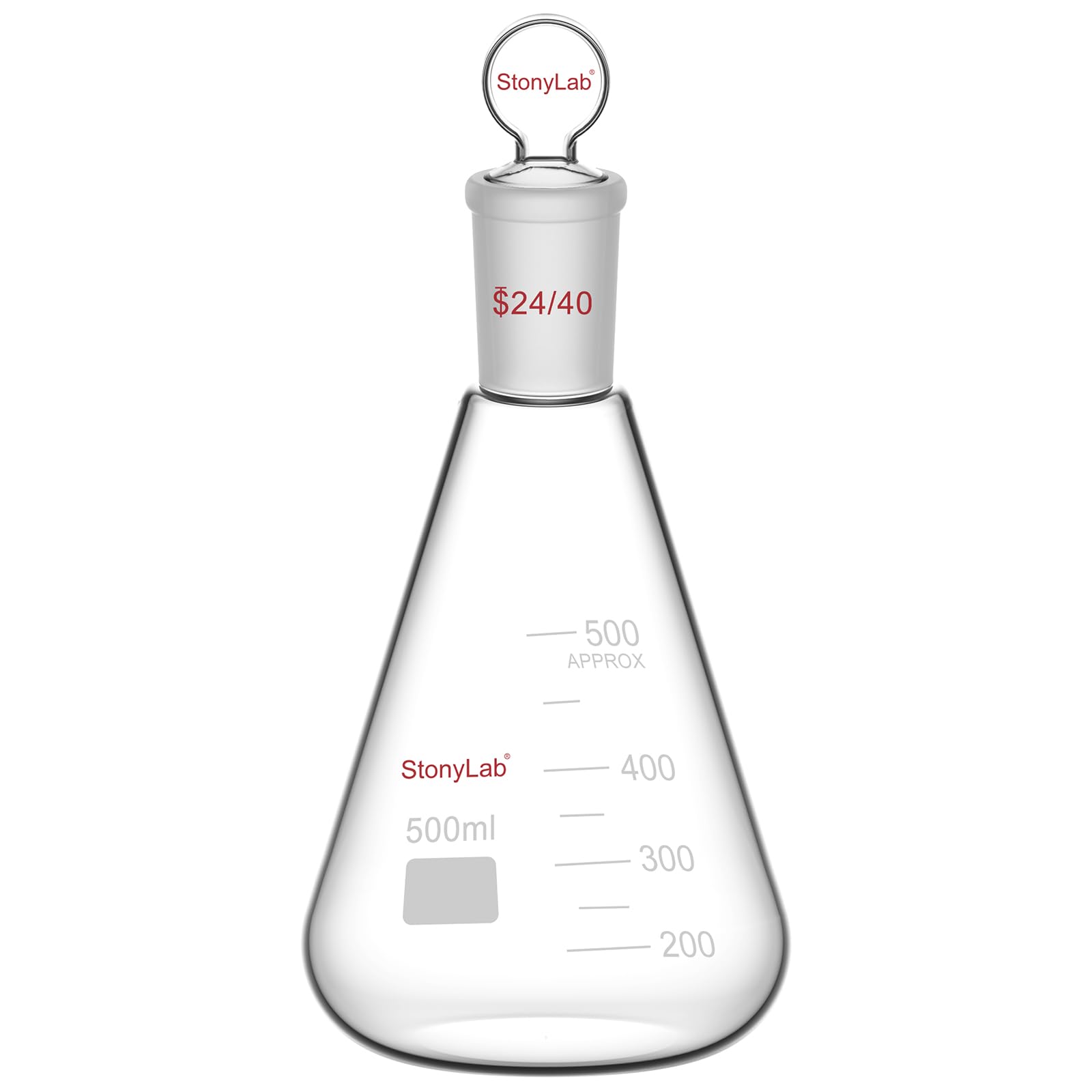 stonylab Matraz Erlenmeyer 24/40 de Vidrio con Tapón, 500 ml Frasco de Pared Gruesa de Vidrio Borosilicato con Junta Exterior Cónica Estándar 24/40 y Tapón de Vidrio