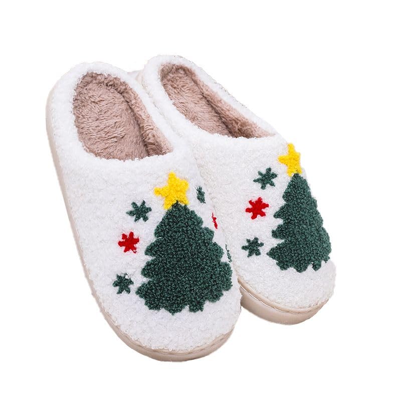 Snugeasy Christmas Slippers Reindeer for Womens Mens Soft Plush Comfy Warm Fuzzy Slippers Red Moose Santa Claus Indoor Outdoor Slip On House Slippers Christmas Gifts, Christmas Tree, 7.5-8.5