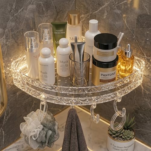 Image of LINEAR Wall Mounted Storage Rack with Hooks | Plastic Bath Shelf Organiser | Self Adhesive Bathroom Shelf | Crystal Pattern Design, Shelf for Bathroom Accessories (1)