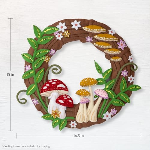 Image of Bucilla Felt Applique Wreath Making Kit, Mushroom Magic, Perfect for DIY Arts and Crafts