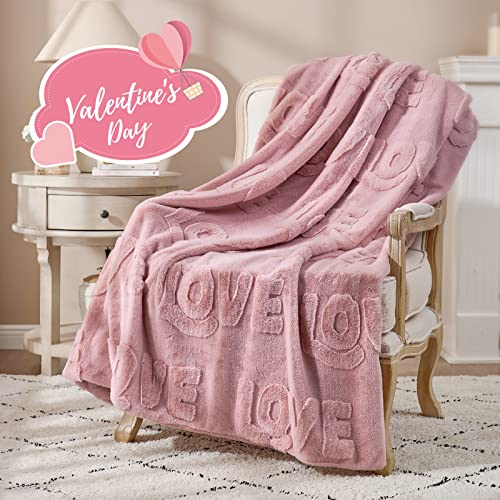 Cozy Bliss Jacquard Faux Fur Blanket Wife Gifts Throw Blanket For Couch, Pink Love Blanket Size 50"X60", Extra Soft Fluffy Warm Blanket For Sofa Bed Living Room Bedroom Car (Pink Love, 50X 60) #TOP6