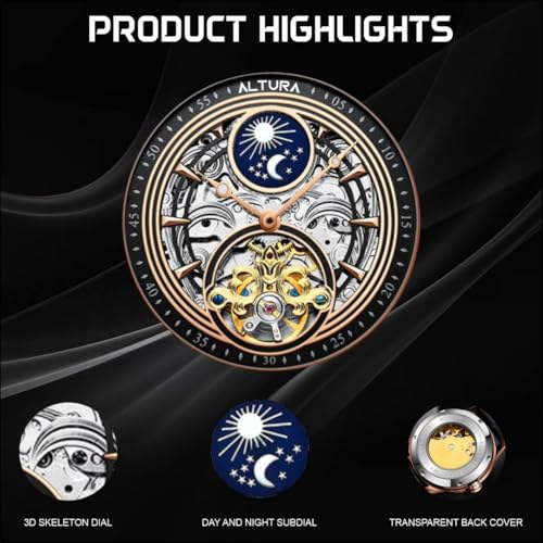 Image of ALTURA Analog Celestial Series Automatic Watch For Men Skeleton 3D Hollow Dial, Diamond Embellishment, Day /Night Subdial, Flywheel, Transparent Back, Leather Strap