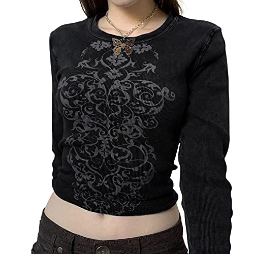 Meihuida Women Y2k Shirt Sexy Graphic Print Tee Long Sleeve Top Black S
