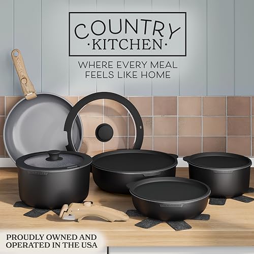 Image of Country Kitchen Cookware Set with Removable Handle, Oven & RV Safe Pots and Pans Set, Black /Grey Wood Handle, Original