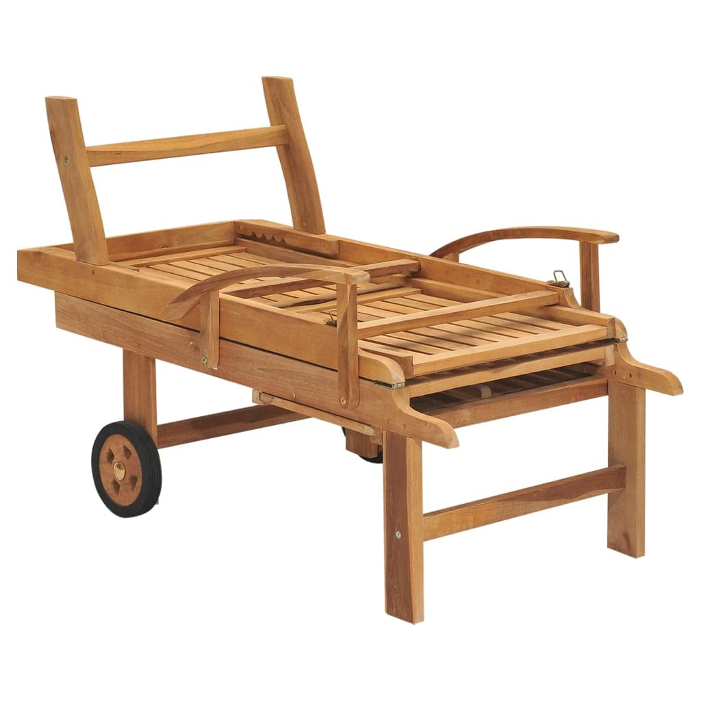 Leżak ogrodowy z litego drewna tekowego, regulowany podłokietnik i rolkę, 195 x 59,5 cm, ergonomiczny leżak relaksacyjny na taras, balkon, basen, odporny na warunki atmosferyczne, wygodny