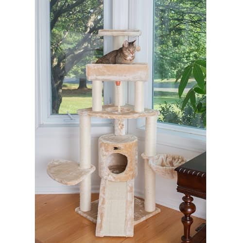 Torre para Gatos Beige de 58 Pulgadas con Canasta, Rampa y Condo miniatura 5