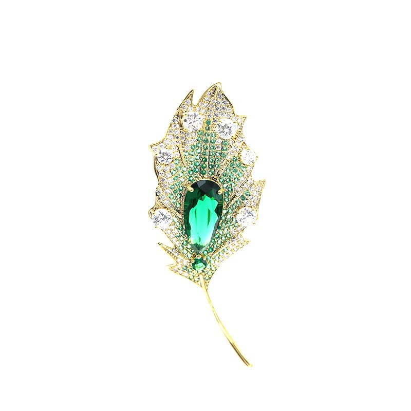 Delicate Feather Leaf Design 14K Gold Gemstone Brooch, Elegant Leaf Corsage Set With Sparkling Moissanite, Complementing Her Jewelry