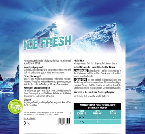 SONAX AntiFrost+KlarSicht bis -18 °C Ice Fresh (3 Liter) gebrauchsfertiger Scheibenreiniger mit trendigem Ice-Fresh-Duft für die Scheibenwaschanlage im Winter | Art-Nr. 01334090