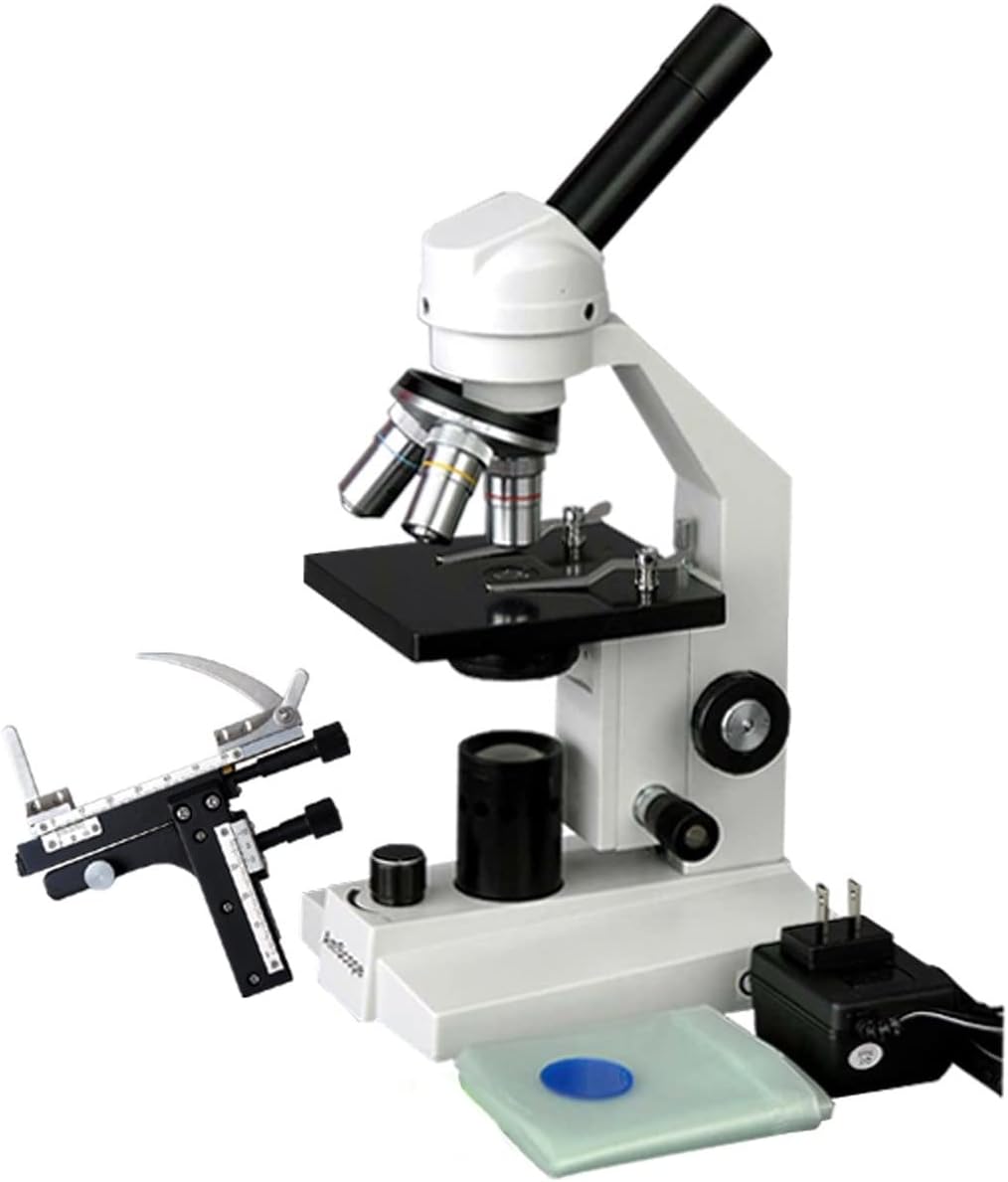 AmScope M200B-MS-LED Cordless Compound Monocular Microscope, WF10x and WF20x Eyepieces, 40x-800x Magnification, LED Illumination, Brightfield, Single-Lens Condenser, Coarse and Fine Focus, Mechanical Stage, 110V or Cordless Operation