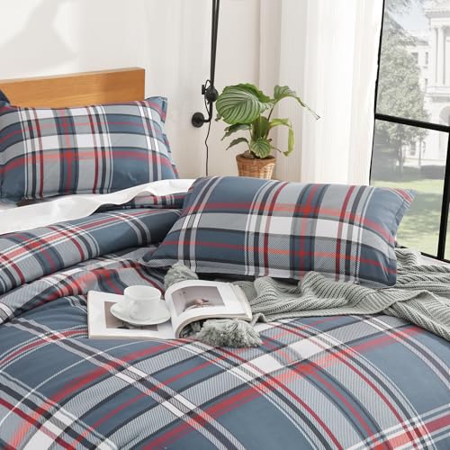 Image of Andency Navy Red Plaid Comforter Set Full(79x90Inch), 3 Pieces Grid Gingham Stripes Bedding Comforter Sets for Boys Girls Kids Teens, Preppy Geometric Line Soft Lightweight Reversible Bed Set as Gift