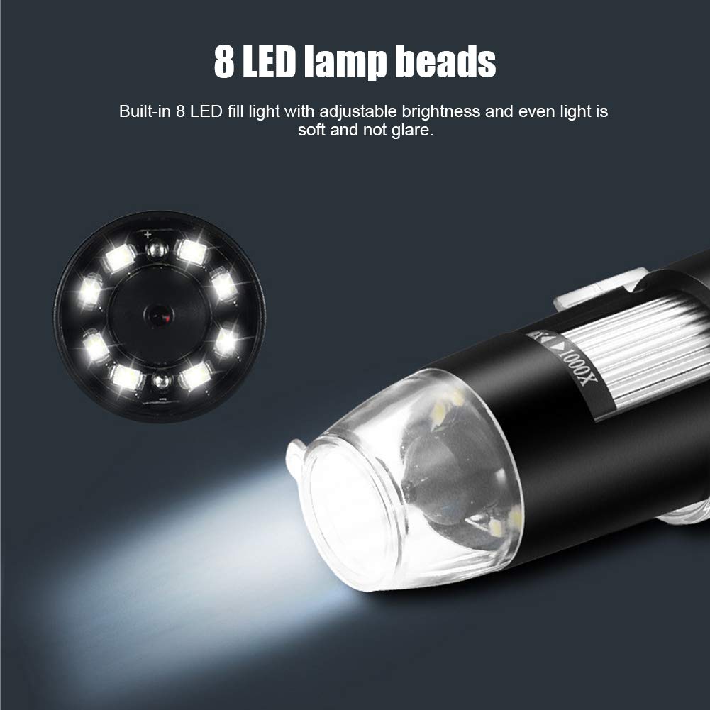 Cámara de Microscopio USB, Aumento de 50x a 1000x, Microscopio Digital Portátil con 8 Luces LED, Soporte Ajustable, Cámara de Endoscopio para Estudiantes, Inspección Industrial