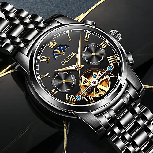 Image of OLEVS Skeleton Watch for Men Stainless Steel Chronograph Watch for Men Classic Waterproof Mens Watches with Date Luxury Business Men's Analog Wrist Watches, relojes para Hombres Blue /Black /Gold /White